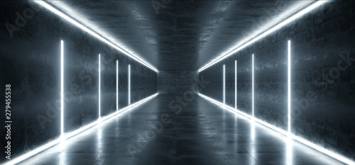 Sci Fi Futuristic Modern Grunge Concrete White Blue Glowing Stage Hall Garage Underground Room Tunnel Corridor Dark Reflective Empty Background Spaceship Gate 3D Rendering © IM_VISUALS