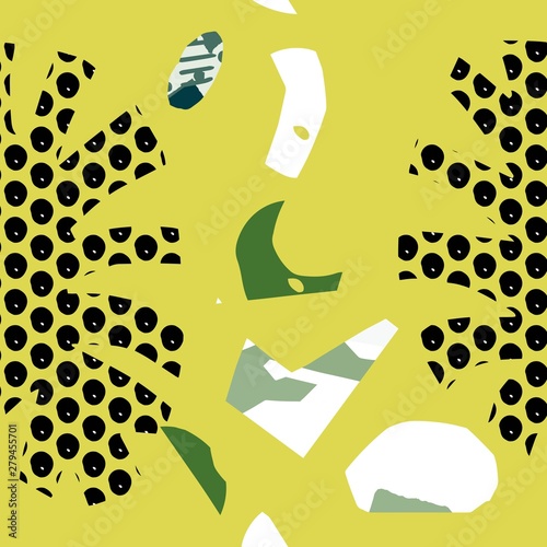 Yeloww Ethnic pattern with monstera leaf in collage technique. Seamless contemporary design photo