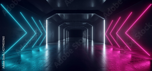 Retro Modern Futuristic Purple Blue Red Sci Fi Vibrant Neon Light Arrow Shapes Laser Beams Grunge Concrete Reflective Tunnel Corridor Hall Garage Underground 3D Rendering