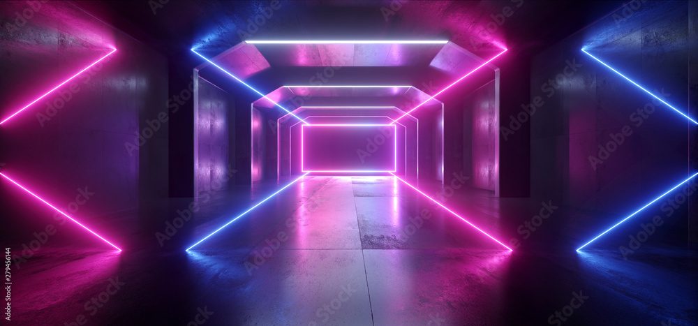 Fototapeta premium Futuristic Sci Fi Laser Neon Shapes Glowing Light Vibrant Purple Blue Stage NIght Club Background Grunge Concrete Dark Tunnel Hall Corridor Garage Fashion Party Reflective 3D Rendering