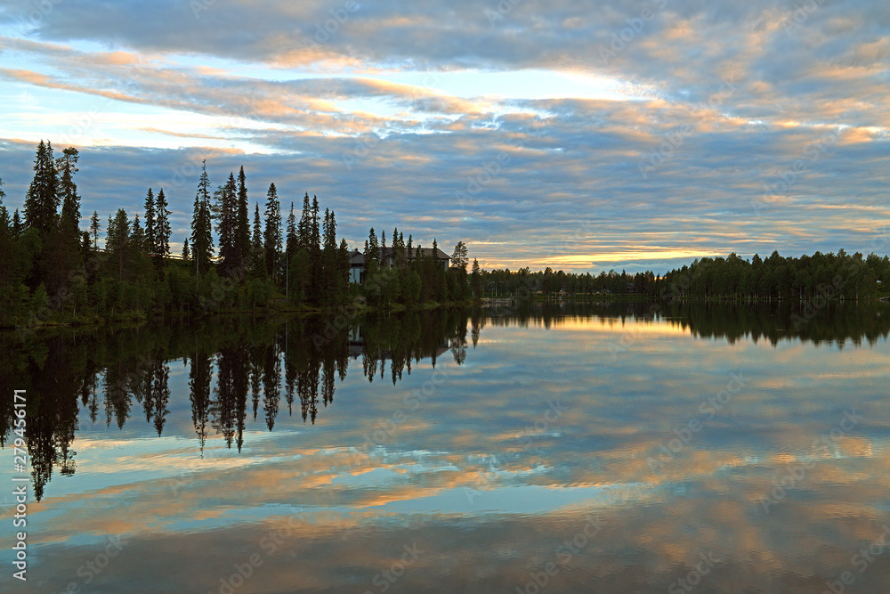 Summer night on northern lake. Lapland, Finland