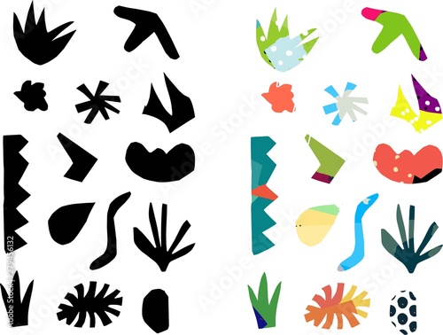 Pieces of cut paper of different shapes in two versions black and color is perfect for self-compilation of creative modern collage. Vector editable illustration