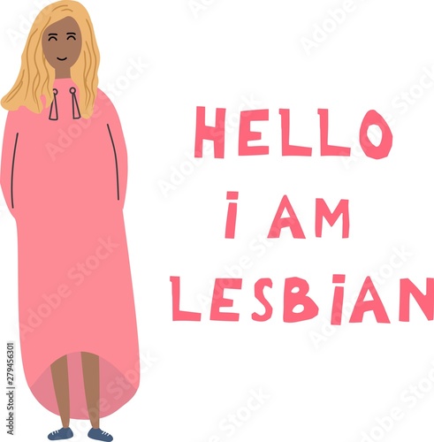 The black young woman costs near an inscription: Hello, I'm  lesbian. Open homosexuality. Coming out. LGBT concept. Minority sex. Flat editable vector illustration.
