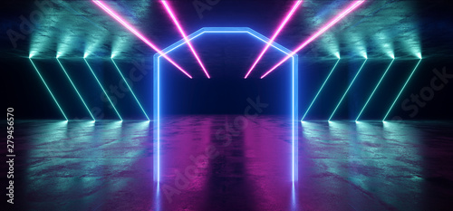 Futuristic  Sci Fi Laser Neon Shapes Glowing Light Vibrant Purple Blue Stage NIght Club Background Grunge Concrete Dark Tunnel Hall Corridor Garage Fashion Party Reflective 3D Rendering
