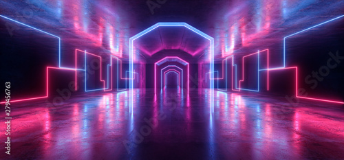 Futuristic Sci Fi Laser Neon Shapes Glowing Light Vibrant Purple Blue Stage NIght Club Background Grunge Concrete Dark Tunnel Hall Corridor Garage Fashion Party Reflective 3D Rendering