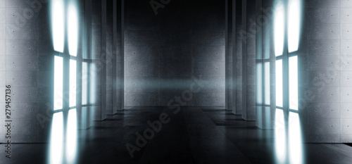 Sci Fi Futuristic Modern Grunge Concrete White Blue Glowing Stage Hall Garage Underground Room Tunnel Corridor Dark Reflective Empty Background Spaceship Gate 3D Rendering