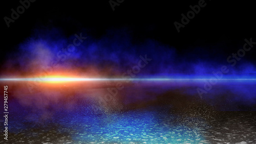 Product showcase spotlight background. Clean photography studio. Abstract blue background with rays of neon light, spotlight, reflection on the asphalt.