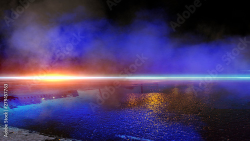 Product showcase spotlight background. Clean photography studio. Abstract blue background with rays of neon light, spotlight, reflection on the asphalt. © MiaStendal