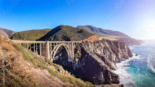Bixby Creek bridge at the Pacific highway, California, USA. A landmark bridge on highway 1, the most beautiful road in USA.