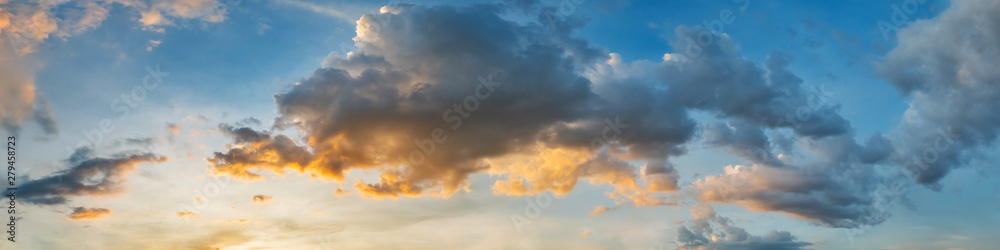 Dramatic panorama sky with cloud on sunrise and sunset time. Panoramic image. - obrazy, fototapety, plakaty 