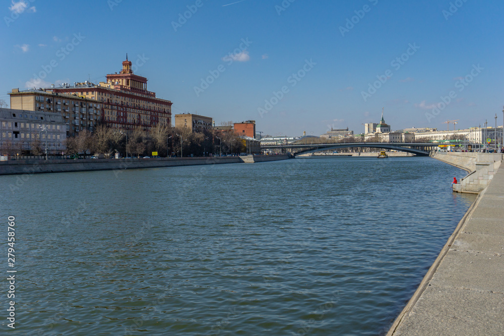 Moscow, Russia, March 31, 2019: Embankment of the Moscow River and buildings