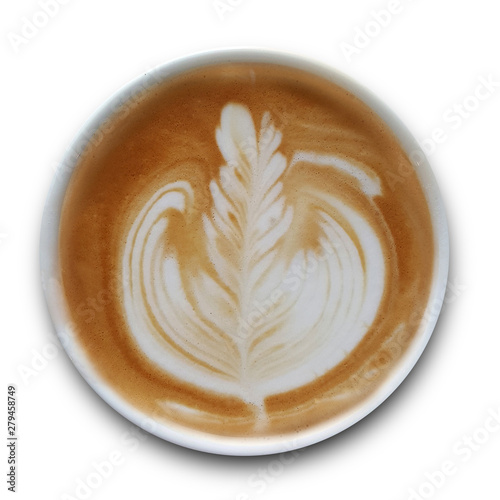 Top view of a mug of latte art coffee isolted on white background.