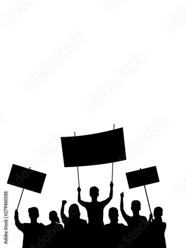 Protesting crowd with banners, isolated shaped.