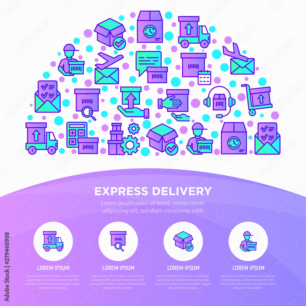 Express delivery concept in half circle with thin line icons: parcel, truck, out for delivery, searchong of shipment, courier, sorting center, dispatch. Vector illustration for web page template.