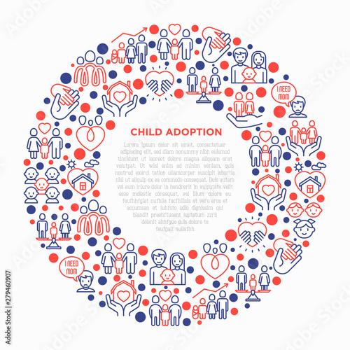 Child adoption concept in circle with thin line icons: adoptive parents, helping hand, orphan, home care, LGBT couple with child, custody, cargivers, happy kid. Modern vector illustration.