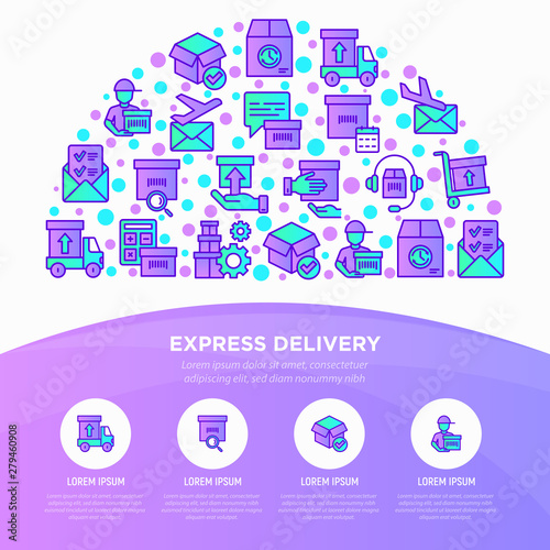 Express delivery concept in half circle with thin line icons: parcel, truck, out for delivery, searchong of shipment, courier, sorting center, dispatch. Vector illustration for web page template.