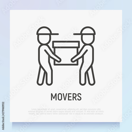 Two movers are holding the box. Thin line icon. Modern vector illustration of delivery service, moving service.