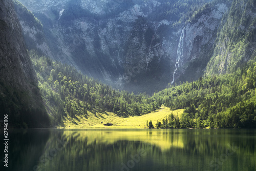  Morning sunrise view at the hintersee with röthbach waterfall bavaria national park berchtesgaden land, germany, landscape hiking vacation travel