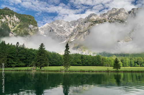 Königsee reflection in the lake bavaria national park berchtesgaden land, germany, landscape hiking vacation travel