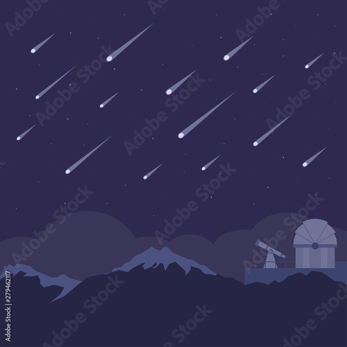 Meteor shower above silhouette of mountain with astronomical observatory and night sky background