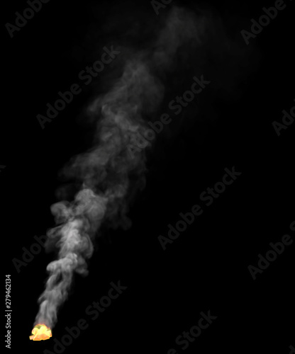 glowing tourist camp fire place with white smoke isolated on black background, design fire 3D illustration