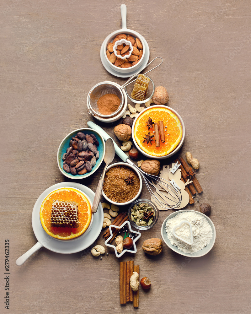 Christmas tree made from baking ingredients. Christmas tree made from baking ingredients.