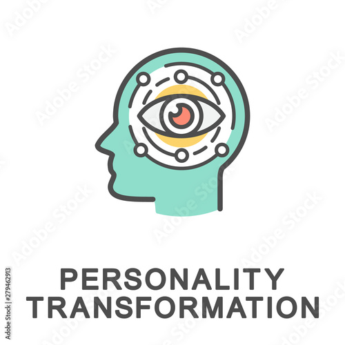 Icon personality transformation. Change of all components of personality based on a new view of life. The thin contour lines with color fills.