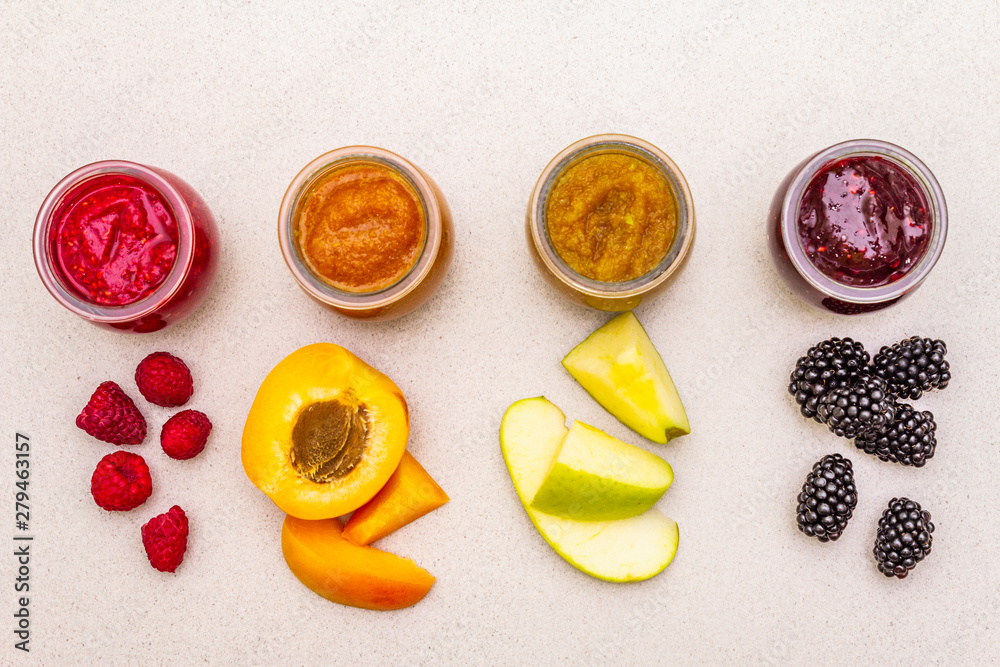 Healthy organic homemade assortment of fruit puree Healthy organic homemade assortment of fruit puree