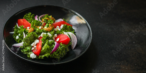 leaves mix salad, tomato, salad dressing, Healthy salad (mix micro greens, juicy snack). food background - Image