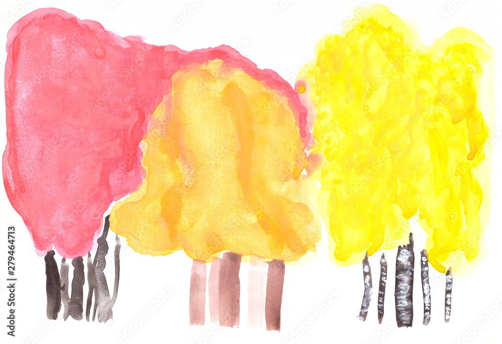 Drawing with watercolors: Abstraction. Autumn. Trees with red and yellow leaves on a white background.