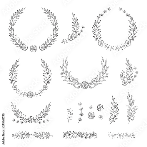 Floral black and white Frame Collection in line style. Set of cute retro leaf arranged un a shape of the wreath
