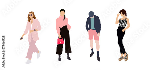 Set of fashion people. Vector flat design colorful fashionable people standing in different poses. Women and a man inluxury clothes