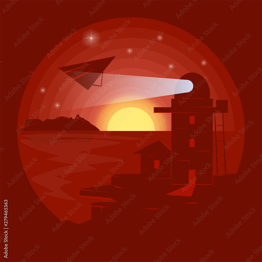 illustration_16_in negative color lighthouse by the sea style flat design for stickers and banners