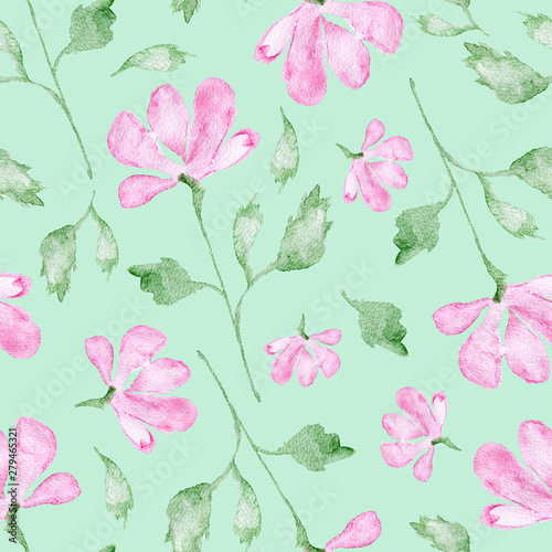 Pink flowers watercolor painting - hand drawn seamless pattern with blossom on light green © justesfir