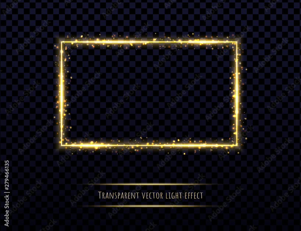 Golden frame with light effects isolated on transparent background. Shining rectangle border with glowing sparkles. - obrazy, fototapety, plakaty 