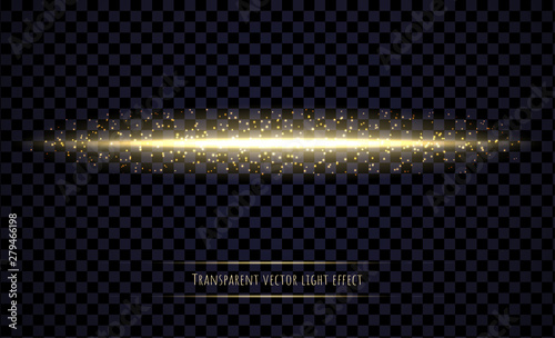 Glowing light beam with sparkles isolated on transparent background. Horizontal ray ligh effect. Vector illustration.