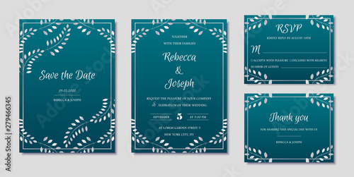 Wedding invitation collection with save the date and rsvp card vector templates. Elegant invitations set with silver floral motives and marine blue background.