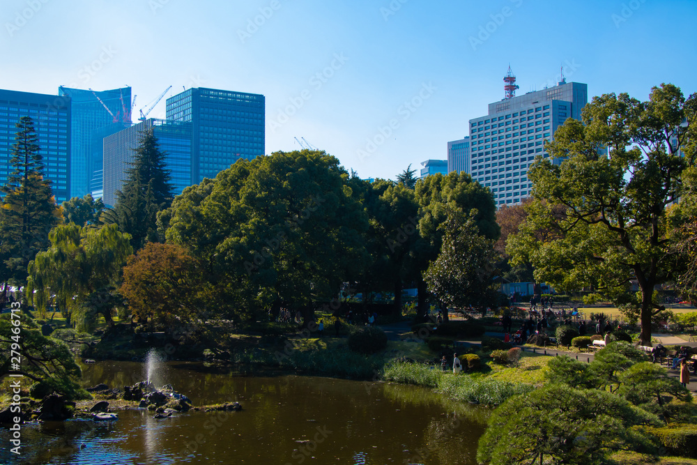 Cityscape of central Tokyo at Hibiya park in Chiyoda, Tokyo, Japan