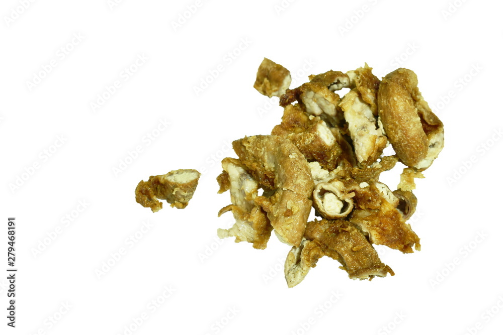 batter fried pork innards with flour on white background batter fried pork innards with flour on white background