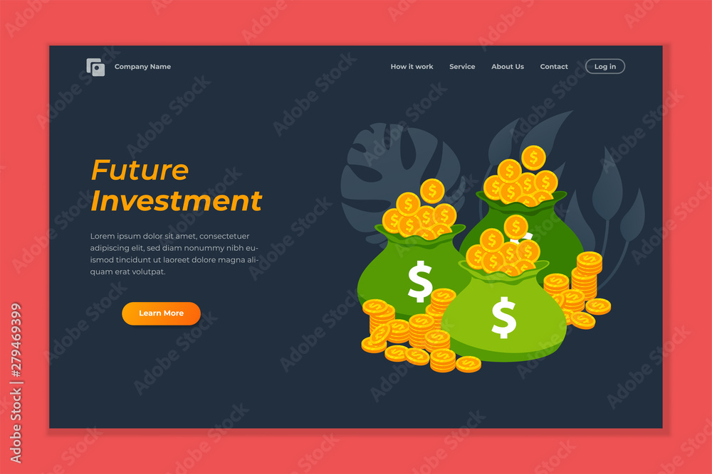 Naklejka premium investment web banner background template. pile of coins and banknote illustration