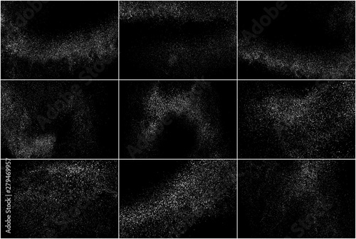 Set of White Grainy Texture Isolated On Black Background. Dust Overlay Texture. Noise Particles. Snow Effects Pack. Digitally Generated Image. Vector Illustration, EPS 10.