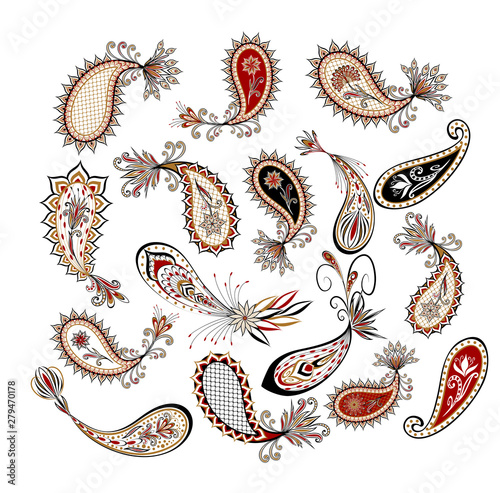 Vector decorative Paisley, floral elements. Isolated floral design elements in ethnic Oriental style.