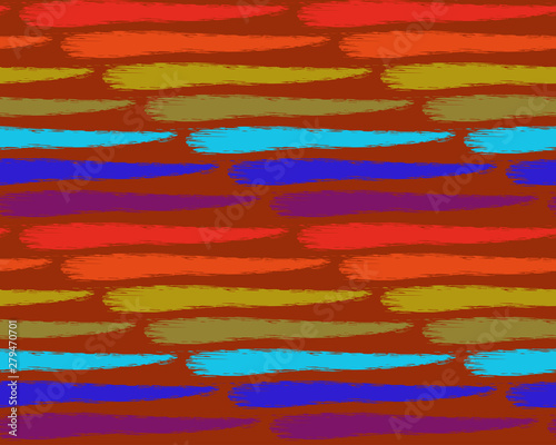Seamless pattern watercolor brush texture rainbow colors. Bands are arranged diagonal on brown background. Vector drawing in Scandinavian style for textiles, tableware, packaging, website.