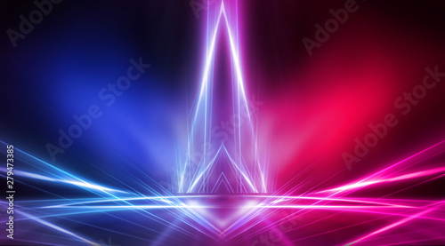 Empty stage, blue and pink, purple neon, abstract background. Rays of searchlights, light, abstract tunnel, corridor.