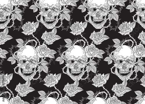 Human skull and rose flowers. Seamless pattern. Vector illustration vintage.