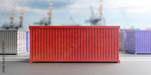 Cargo containers, blur harbor background. Import export, logistics concept. 3d illustration