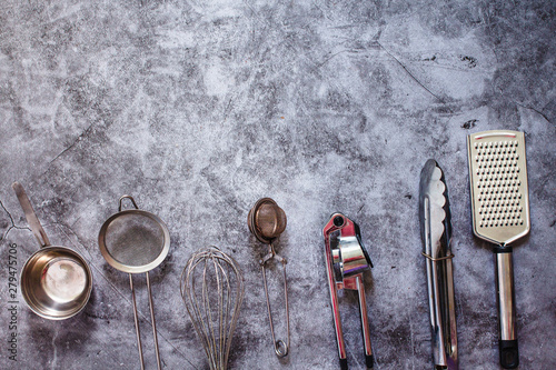 Metal and wooden kitchen utensils. Eco friendly Zero waste plastic free kitchen on gray background. concept sustainable lifestyle or Recycling and ecology.