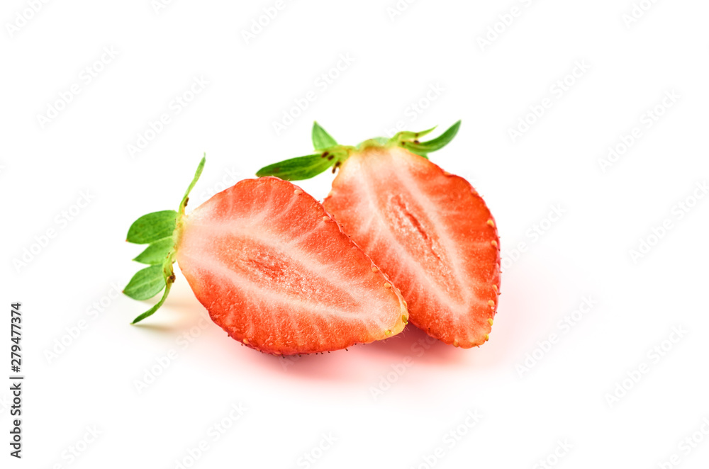 Two strawberry slice Isolated on a white background. Organic food. Two strawberry slice Isolated on a white background. Organic food.