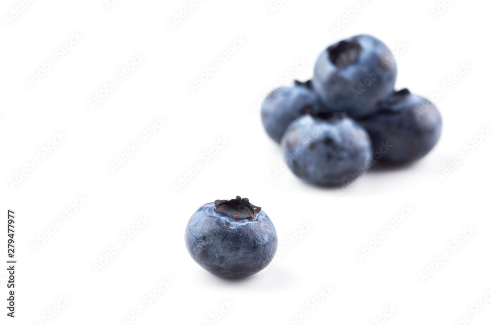 A group of blueberries on a white background, one blueberry berry in the foreground. Close up. A group of blueberries on a white background, one blueberry berry in the foreground. Close up.