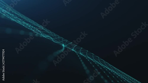 motion graph small blue information units connected into blurred lacy illuminated partically vibrant net in dark background. 3d animation. Digitized world and blue ocean strategy concept. Big data. photo
